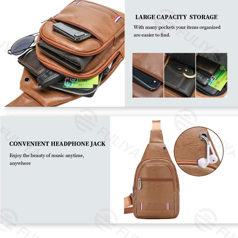 Guangzhou Fuliya Industry Co.,Ltd C-81030 Men's PU chest bag, water-resistant, large capacity with pockets, smooth zipper, adjustable strap, headphone jack, and front zipper pocket - crossbody or chest carry for casual, sports, and outdoor.