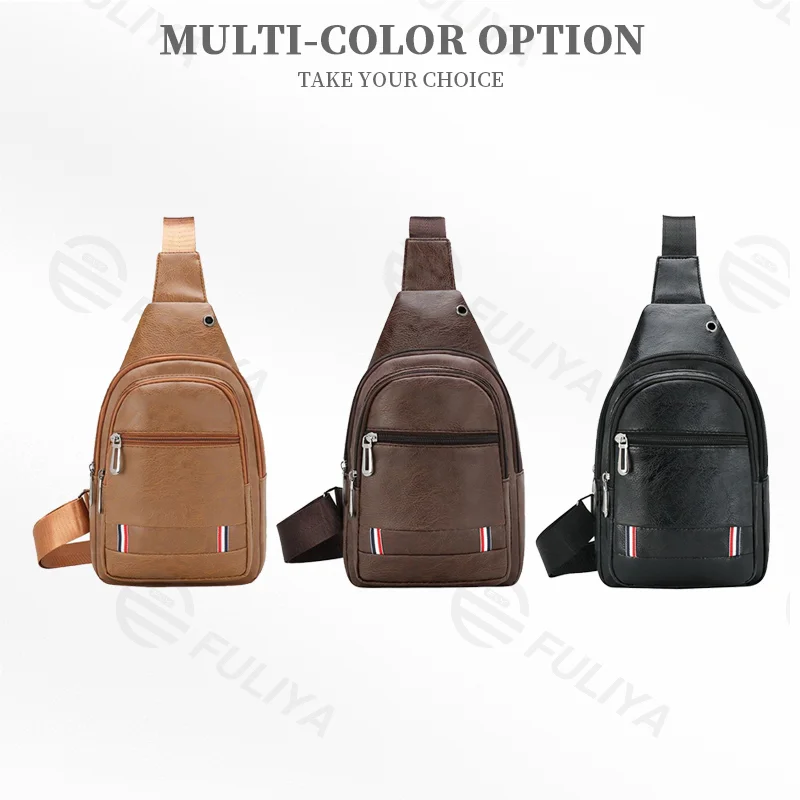 Guangzhou Fuliya Industry Co.,Ltd C-81030 Men's PU chest bag, water-resistant, large capacity with pockets, smooth zipper, adjustable strap, headphone jack, and front zipper pocket - crossbody or chest carry for casual, sports, and outdoor.
