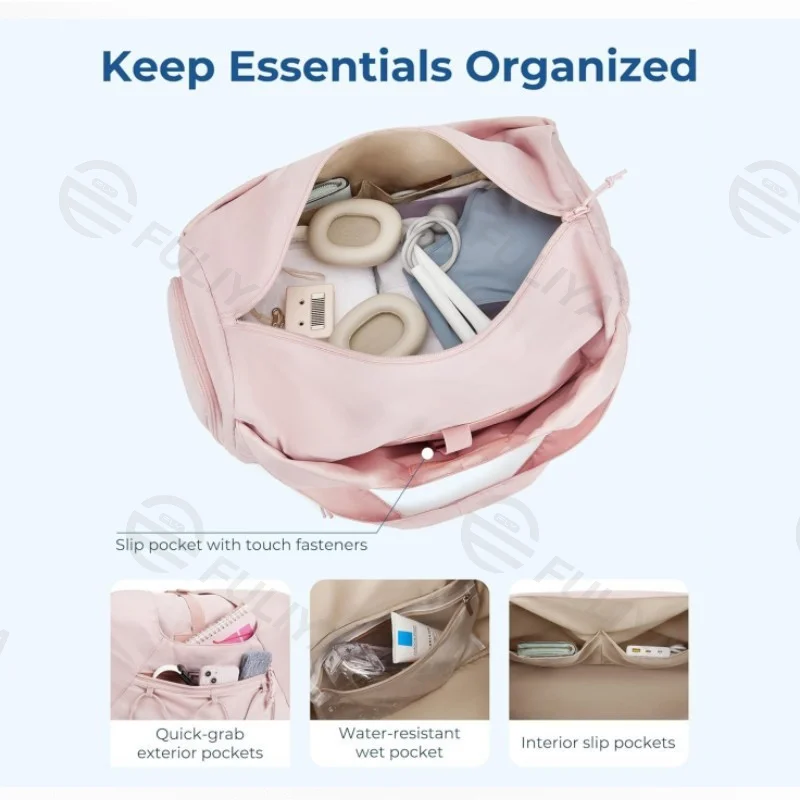 Guangzhou Fuliya Industry Co.,Ltd C-81031 Women's gym travel bag, lightweight and large capacity, ventilated shoe compartment, side mesh pocket, bottle pocket, wet/dry pocket, and adjustable strap - hand or crossbody carry for gym, travel, and daily use.
