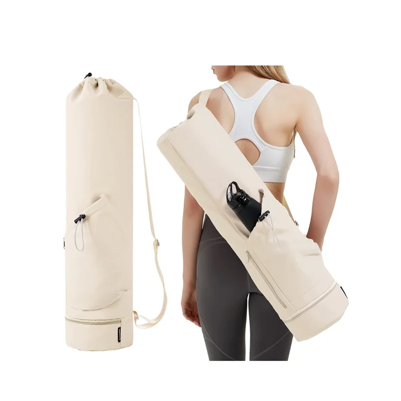 Guangzhou Fuliya Industry Co.,Ltd C-81032 Yoga mat carrier bag, water-resistant, 30L, drawstring opening, large side pocket, small zipper pocket, bottom wet/dry pocket, and adjustable strap - for yoga, fitness, and travel.