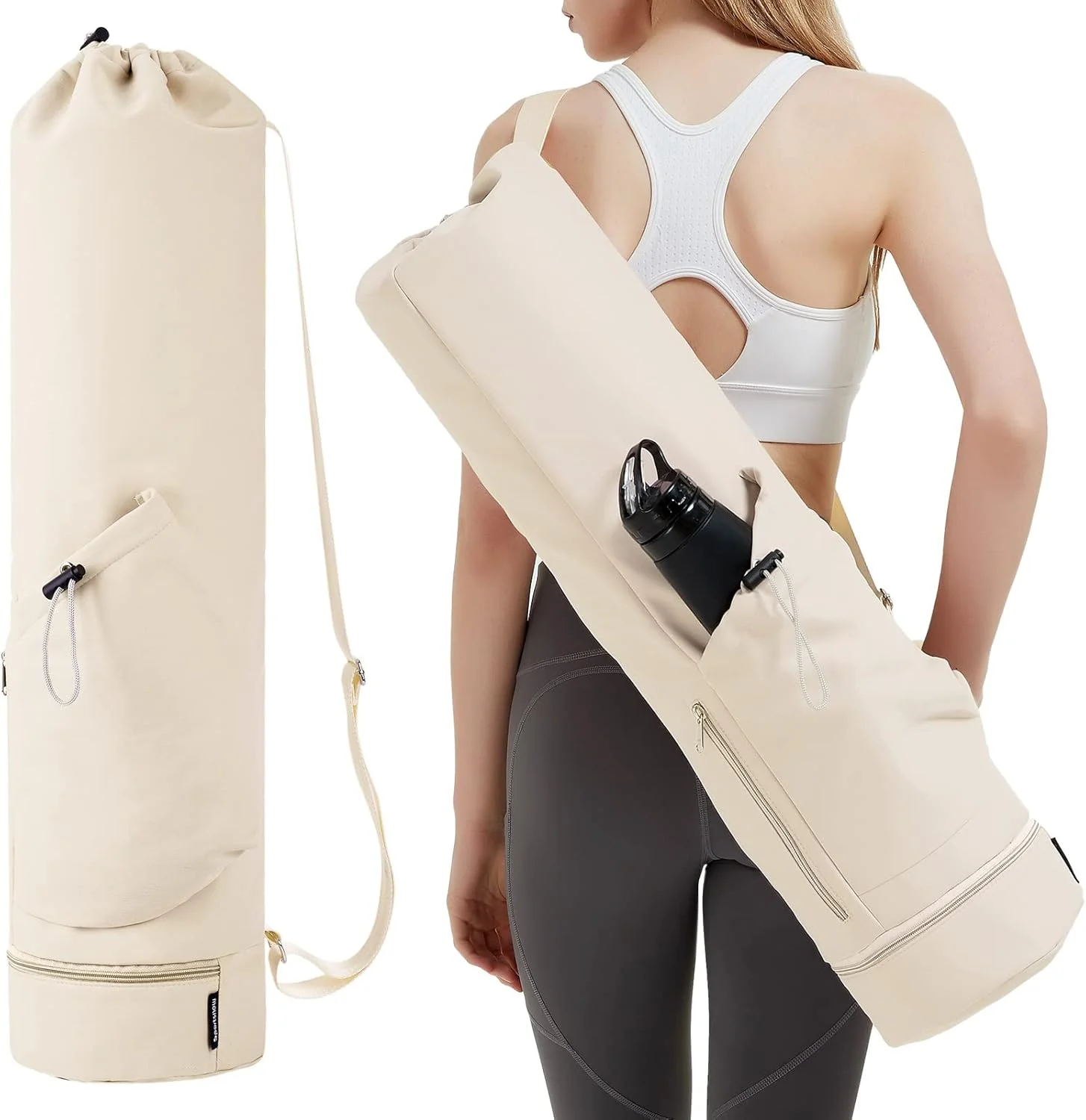 Guangzhou Fuliya Industry Co.,Ltd C-81032 Yoga mat carrier bag, water-resistant, 30L, drawstring opening, large side pocket, small zipper pocket, bottom wet/dry pocket, and adjustable strap - for yoga, fitness, and travel.