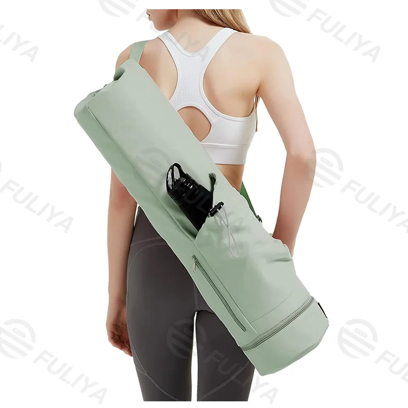 Guangzhou Fuliya Industry Co.,Ltd C-81032 Yoga mat carrier bag, water-resistant, 30L, drawstring opening, large side pocket, small zipper pocket, bottom wet/dry pocket, and adjustable strap - for yoga, fitness, and travel.