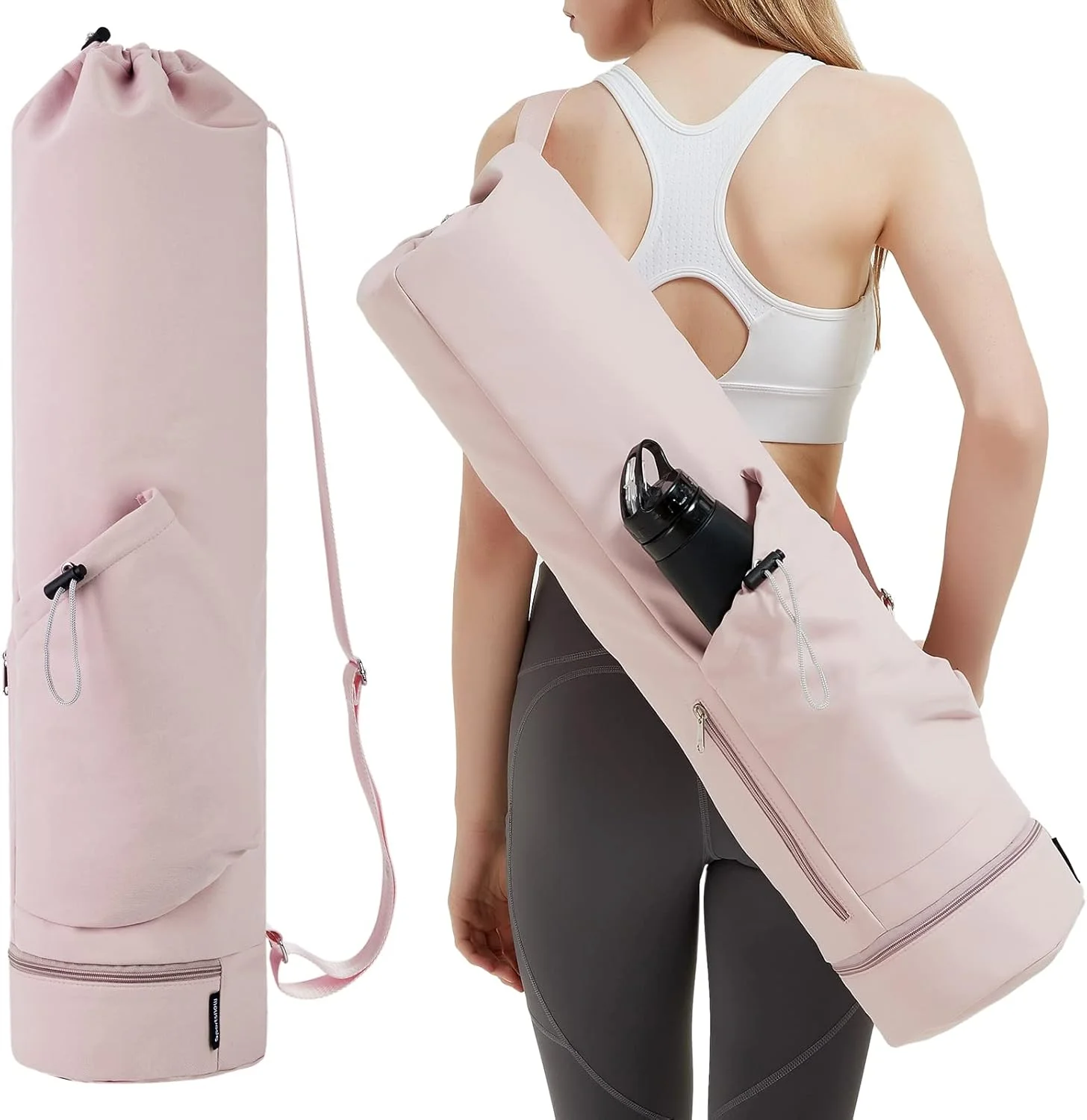 Guangzhou Fuliya Industry Co.,Ltd C-81032 Yoga mat carrier bag, water-resistant, 30L, drawstring opening, large side pocket, small zipper pocket, bottom wet/dry pocket, and adjustable strap - for yoga, fitness, and travel.