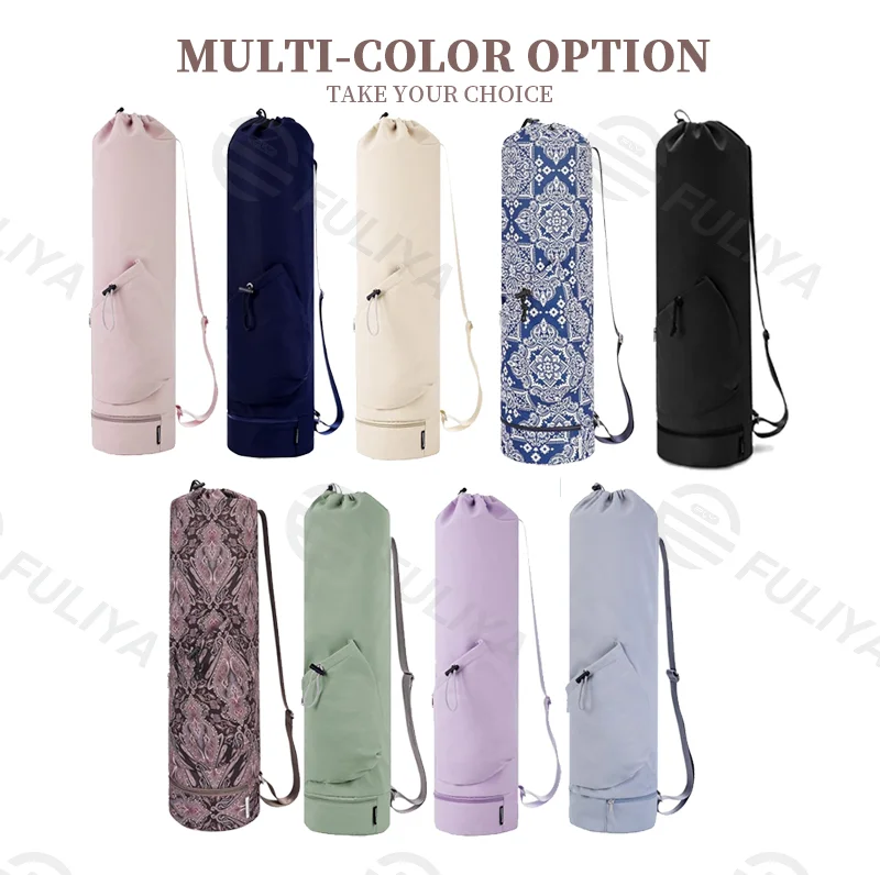 Guangzhou Fuliya Industry Co.,Ltd C-81032 Yoga mat carrier bag, water-resistant, 30L, drawstring opening, large side pocket, small zipper pocket, bottom wet/dry pocket, and adjustable strap - for yoga, fitness, and travel.