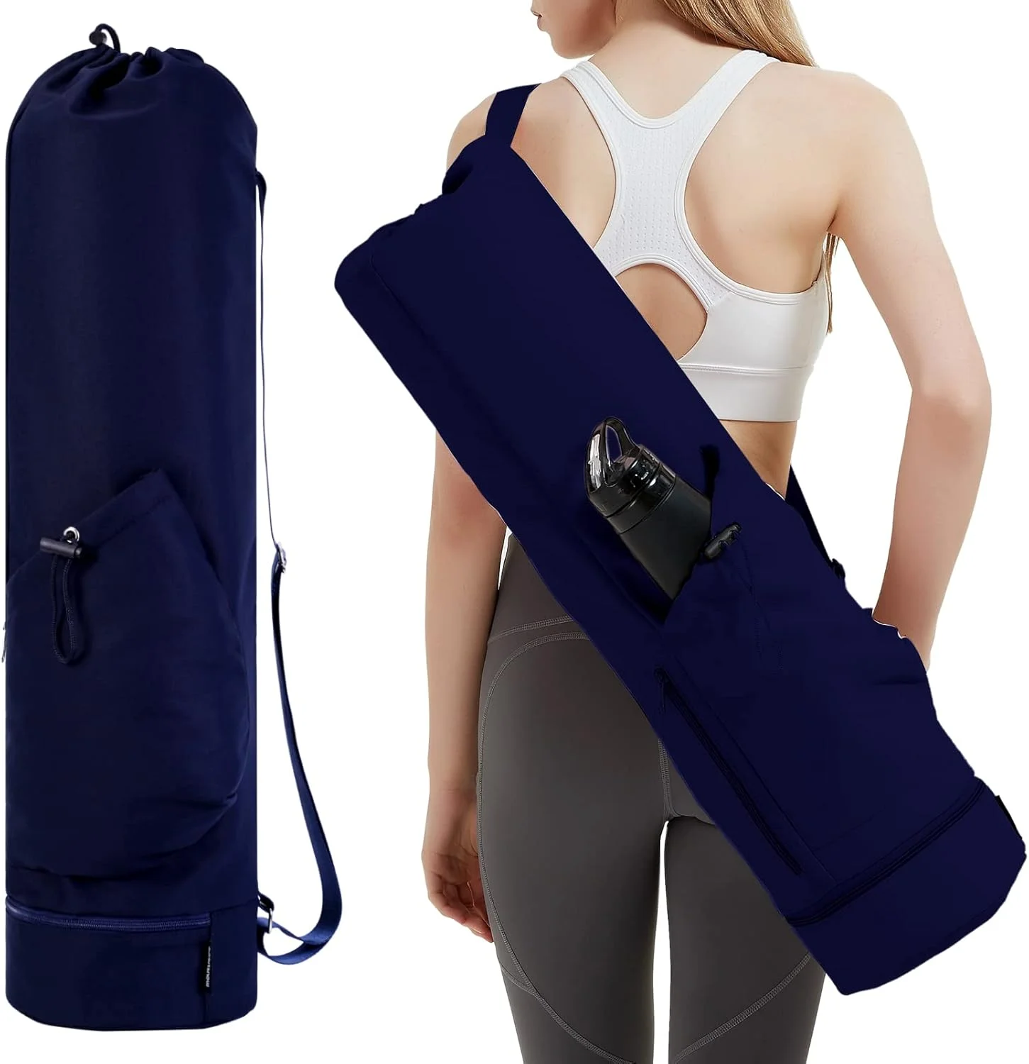 Guangzhou Fuliya Industry Co.,Ltd C-81032 Yoga mat carrier bag, water-resistant, 30L, drawstring opening, large side pocket, small zipper pocket, bottom wet/dry pocket, and adjustable strap - for yoga, fitness, and travel.