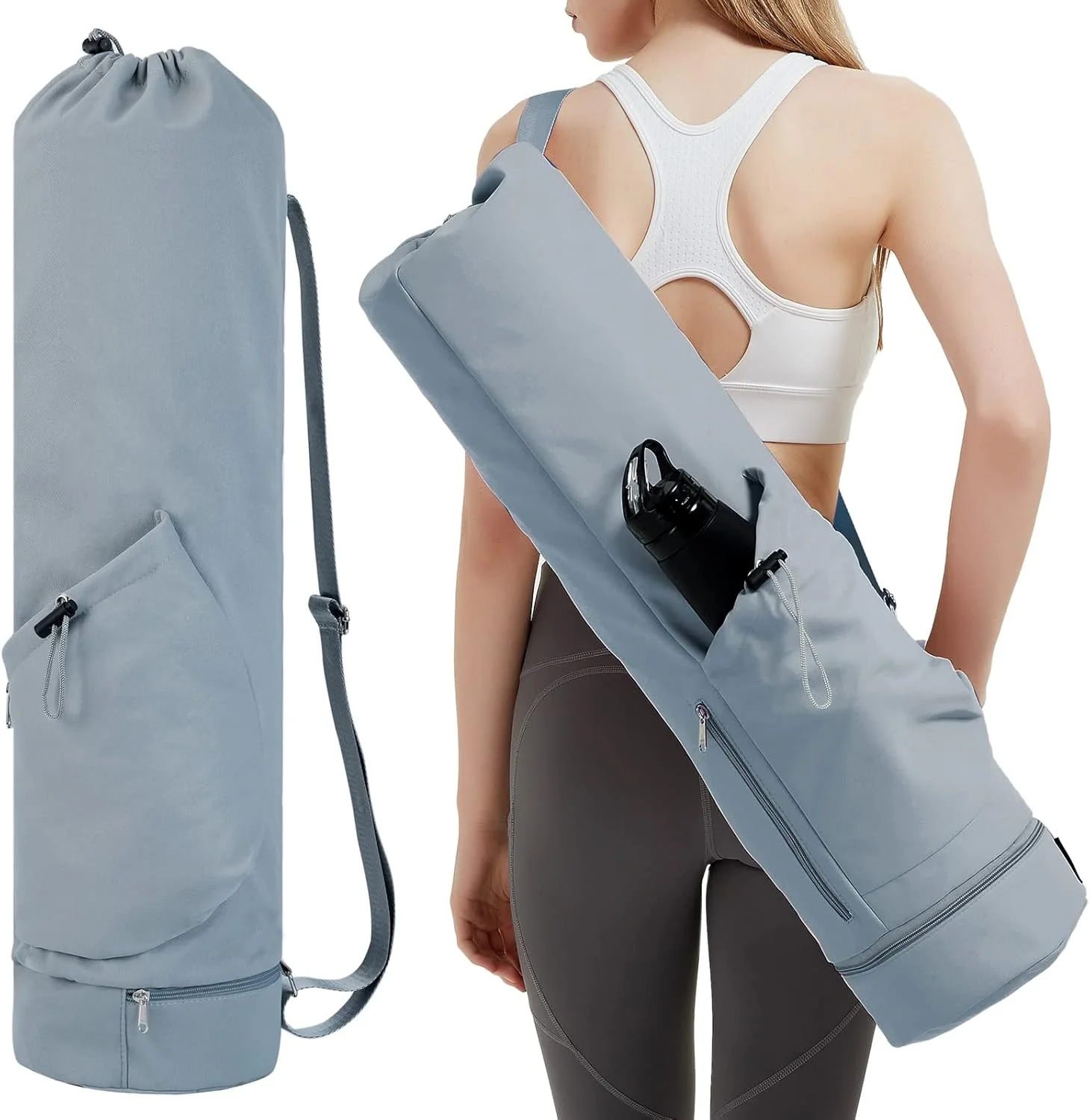 Guangzhou Fuliya Industry Co.,Ltd C-81032 Yoga mat carrier bag, water-resistant, 30L, drawstring opening, large side pocket, small zipper pocket, bottom wet/dry pocket, and adjustable strap - for yoga, fitness, and travel.