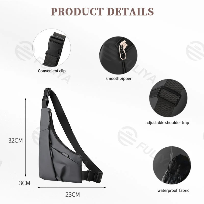 Guangzhou Fuliya Industry Co.,Ltd C-81033 Men's crossbody chest bag, water-resistant and lightweight, large capacity with pockets, smooth zipper, adjustable strap, and quick-release buckle - crossbody or chest carry for casual, sports, and travel.