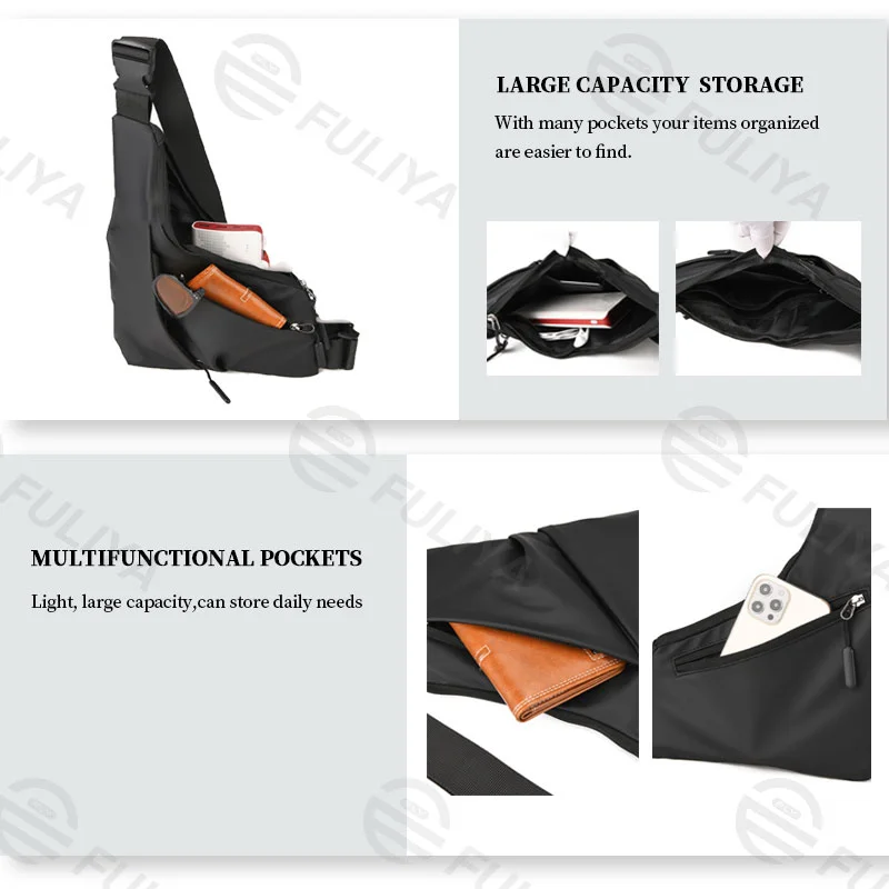 Guangzhou Fuliya Industry Co.,Ltd C-81033 Men's crossbody chest bag, water-resistant and lightweight, large capacity with pockets, smooth zipper, adjustable strap, and quick-release buckle - crossbody or chest carry for casual, sports, and travel.