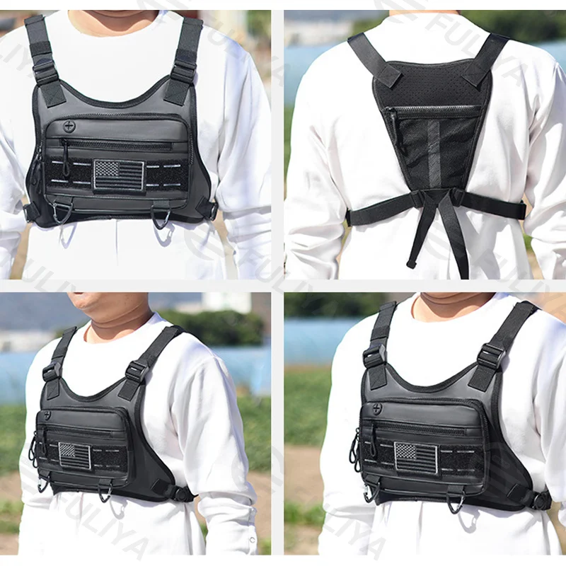 Guangzhou Fuliya Industry Co.,Ltd C-81034 Men's tactical vest chest bag, water-resistant, large capacity, headphone jack, ventilated back, Velcro, and adjustable straps - vest or chest carry for sports, outdoor, and casual.
