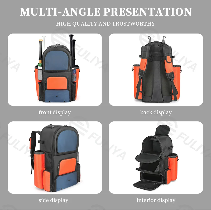Guangzhou Fuliya Industry Co.,Ltd C-81035 Baseball sports backpack, wear-resistant polyester, large capacity, shoe compartment, bat straps, breathable back pad, and color-block design - for baseball training and outdoor travel.