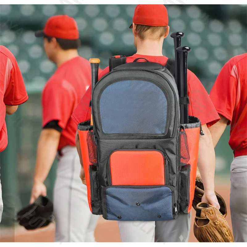 Guangzhou Fuliya Industry Co.,Ltd C-81035 Baseball sports backpack, wear-resistant polyester, large capacity, shoe compartment, bat straps, breathable back pad, and color-block design - for baseball training and outdoor travel.