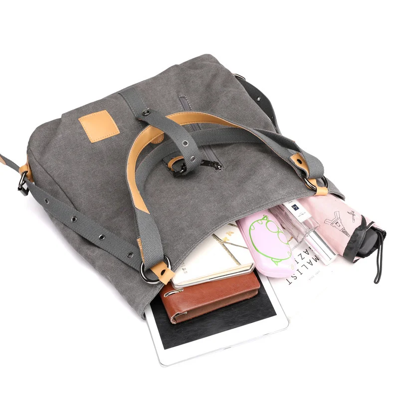 Guangzhou Fuliya Industry Co.,Ltd C-81037 Women's canvas convertible bag, large capacity, snap fastener, metal hardware, and adjustable strap - handbag, shoulder bag, or backpack for casual, commuting, and travel.