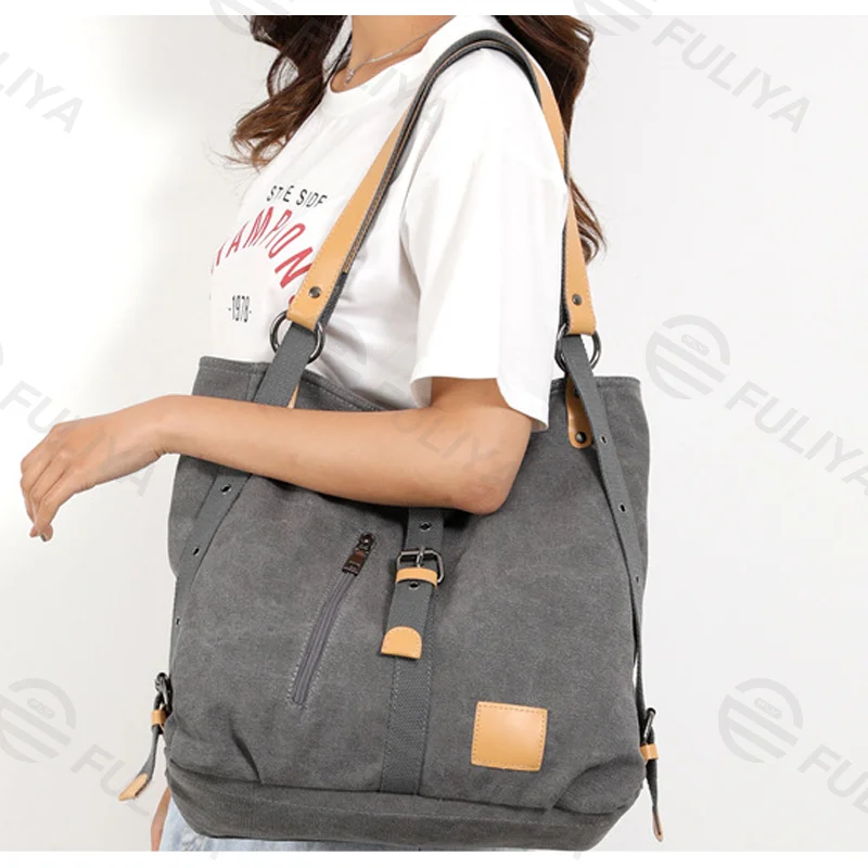 Guangzhou Fuliya Industry Co.,Ltd C-81037 Women's canvas convertible bag, large capacity, snap fastener, metal hardware, and adjustable strap - handbag, shoulder bag, or backpack for casual, commuting, and travel.