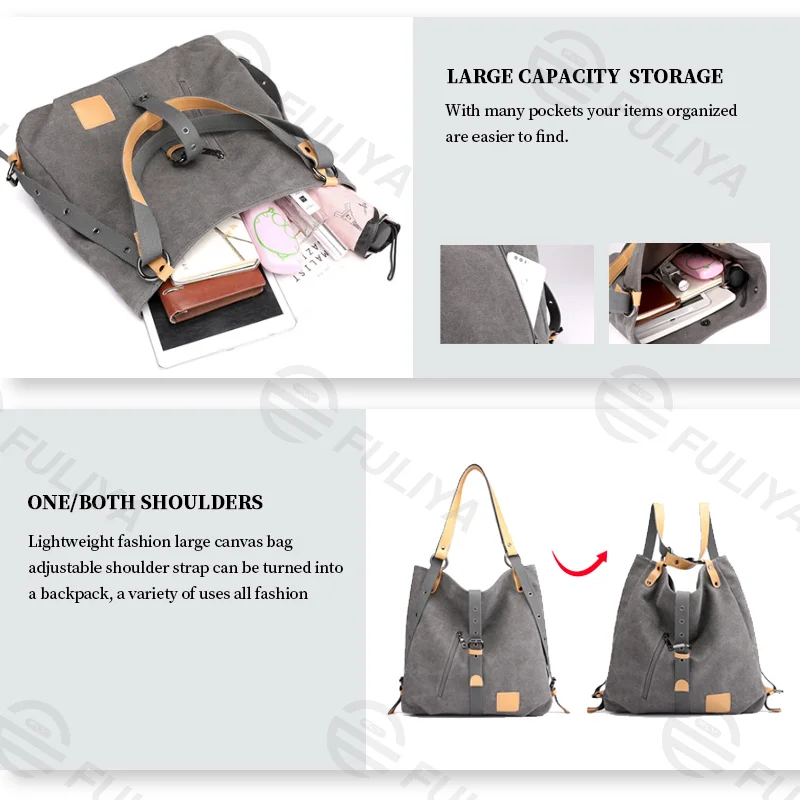 Guangzhou Fuliya Industry Co.,Ltd C-81037 Women's canvas convertible bag, large capacity, snap fastener, metal hardware, and adjustable strap - handbag, shoulder bag, or backpack for casual, commuting, and travel.