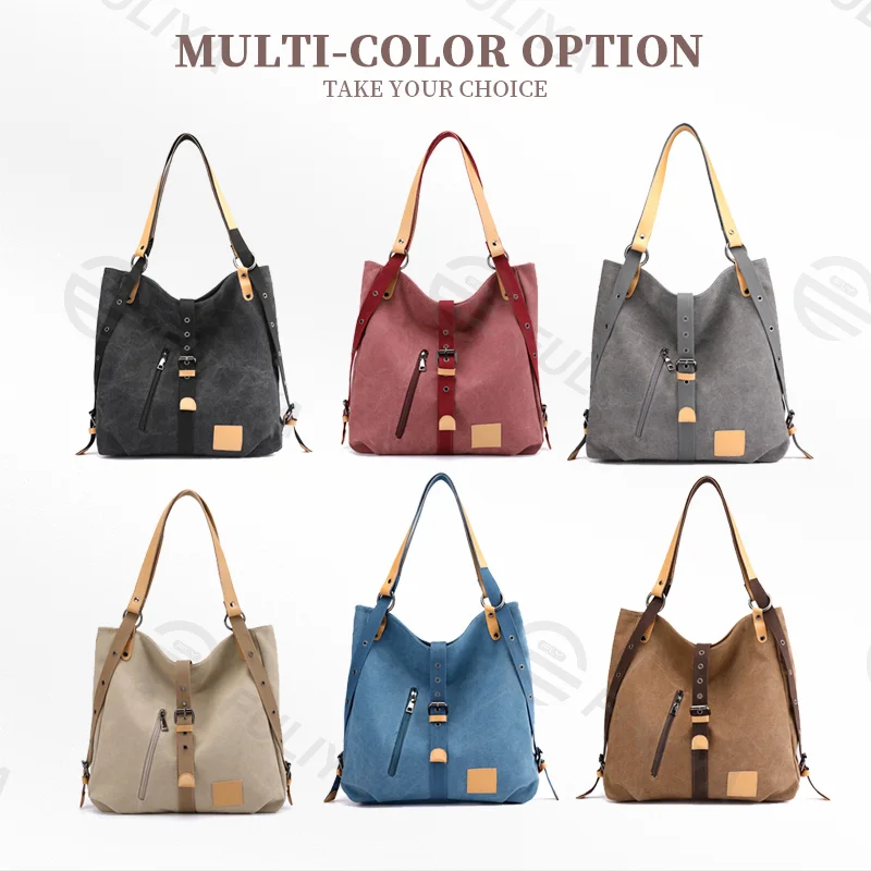 Guangzhou Fuliya Industry Co.,Ltd C-81037 Women's canvas convertible bag, large capacity, snap fastener, metal hardware, and adjustable strap - handbag, shoulder bag, or backpack for casual, commuting, and travel.