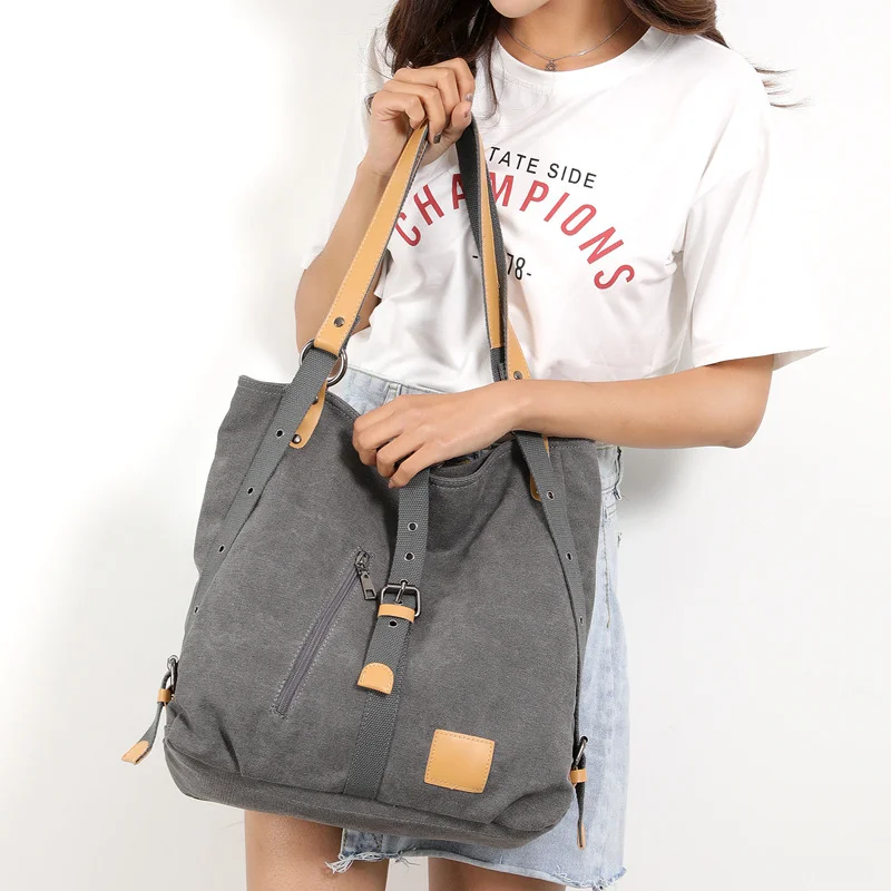 Guangzhou Fuliya Industry Co.,Ltd C-81037 Women's canvas convertible bag, large capacity, snap fastener, metal hardware, and adjustable strap - handbag, shoulder bag, or backpack for casual, commuting, and travel.