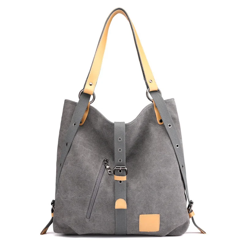 Guangzhou Fuliya Industry Co.,Ltd C-81037 Women's canvas convertible bag, large capacity, snap fastener, metal hardware, and adjustable strap - handbag, shoulder bag, or backpack for casual, commuting, and travel.