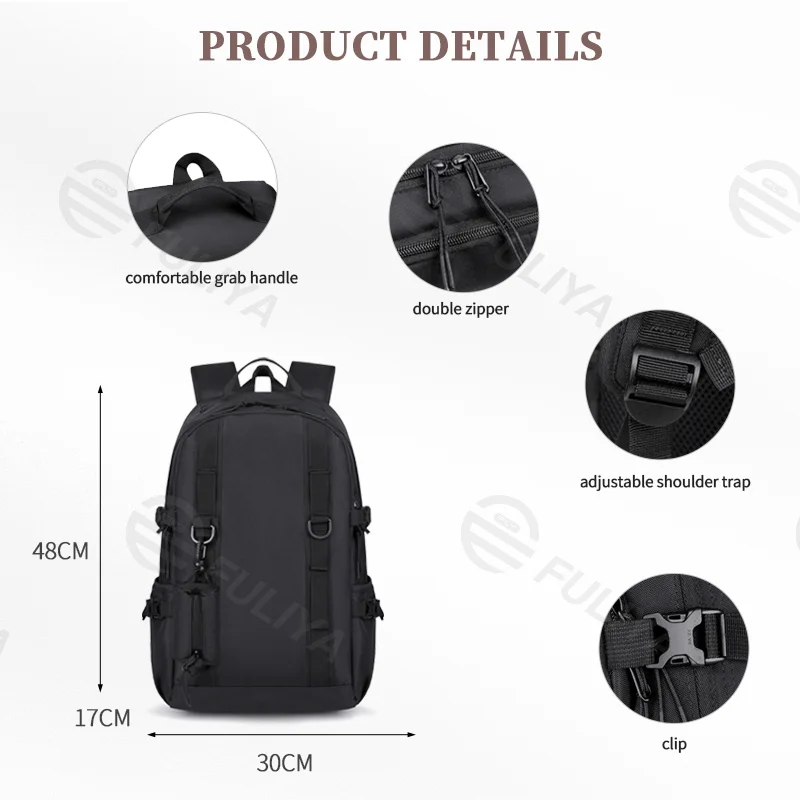 Guangzhou Fuliya Industry Co.,Ltd C-81038 Large-capacity outdoor backpack, water-resistant, laptop compartment, side pocket, double zipper, adjustable strap, and breathable back panel - for business, travel, and hiking.