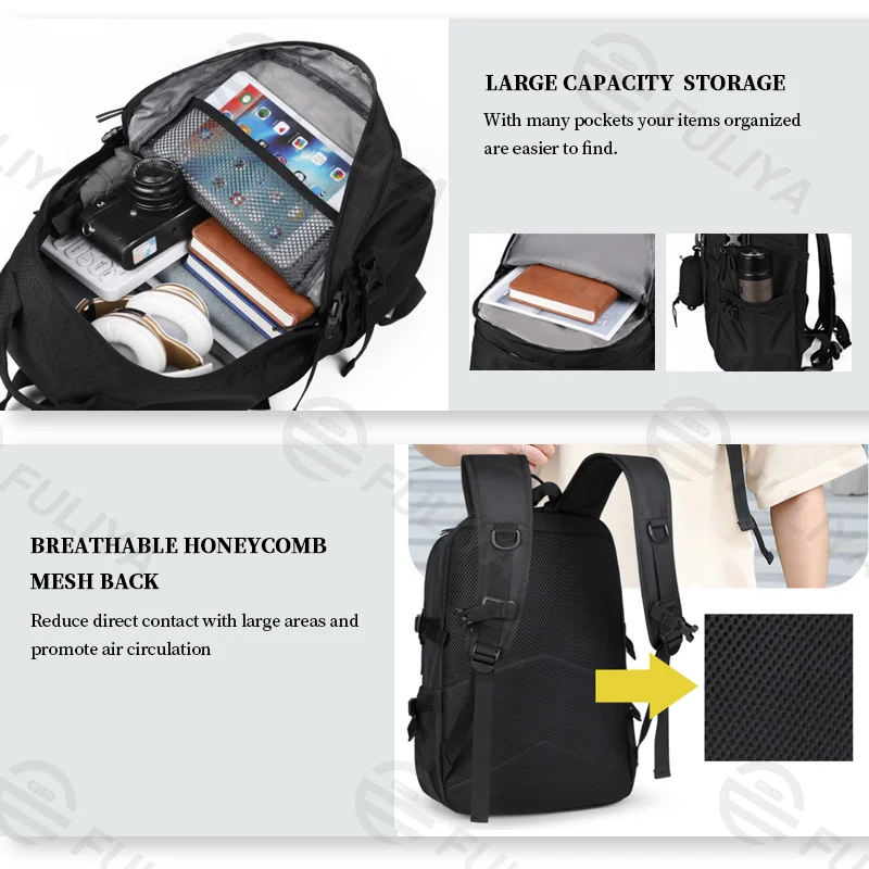 Guangzhou Fuliya Industry Co.,Ltd C-81038 Large-capacity outdoor backpack, water-resistant, laptop compartment, side pocket, double zipper, adjustable strap, and breathable back panel - for business, travel, and hiking.