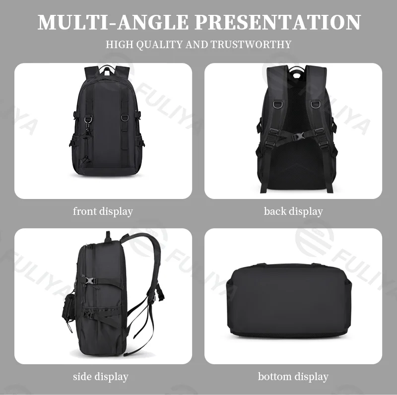 Guangzhou Fuliya Industry Co.,Ltd C-81038 Large-capacity outdoor backpack, water-resistant, laptop compartment, side pocket, double zipper, adjustable strap, and breathable back panel - for business, travel, and hiking.