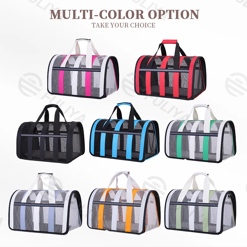 Guangzhou Fuliya Industry Co.,Ltd C-81039 Foldable pet carrier, large capacity with breathable mesh, handle, detachable strap, side zipper opening, and reflective strips - S/M sizes for cats and small dogs in all seasons.