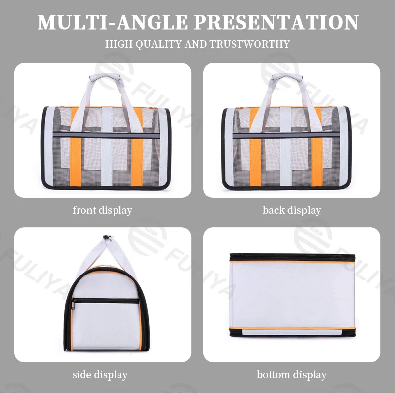 Guangzhou Fuliya Industry Co.,Ltd C-81039 Foldable pet carrier, large capacity with breathable mesh, handle, detachable strap, side zipper opening, and reflective strips - S/M sizes for cats and small dogs in all seasons.
