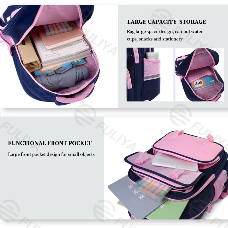 Guangzhou Fuliya Industry Co.,Ltd C-81048 Student backpack, water-resistant, large capacity, front pocket, side mesh pocket, adjustable strap, and breathable soft back pad - for children and primary/middle school students.