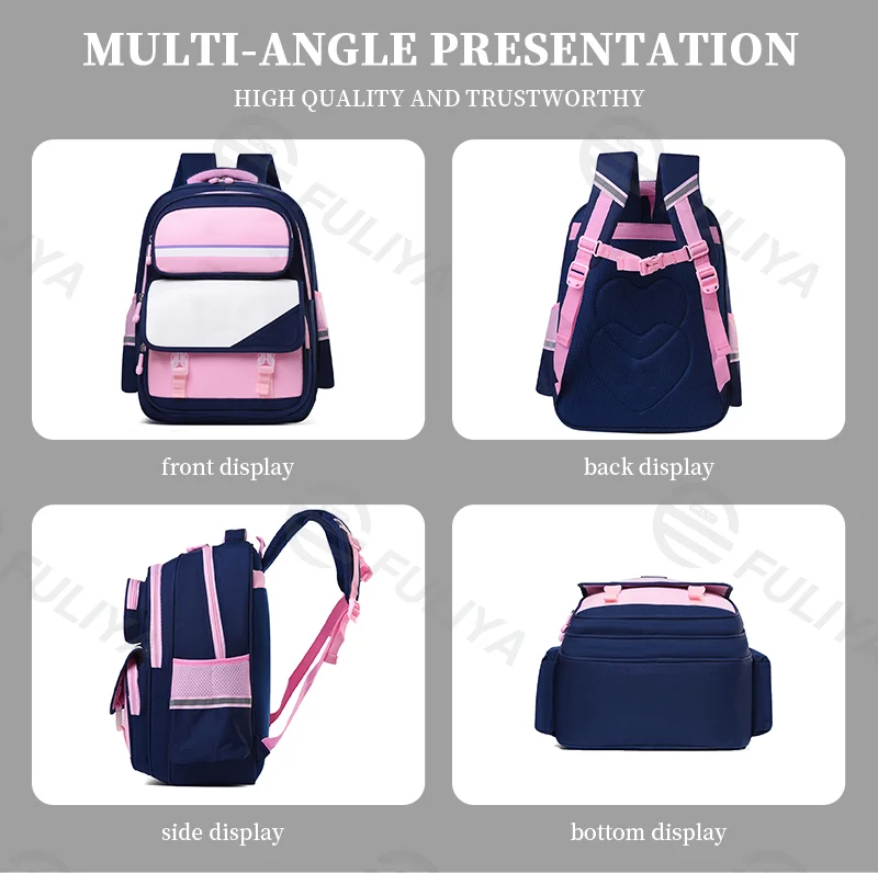 Guangzhou Fuliya Industry Co.,Ltd C-81048 Student backpack, water-resistant, large capacity, front pocket, side mesh pocket, adjustable strap, and breathable soft back pad - for children and primary/middle school students.