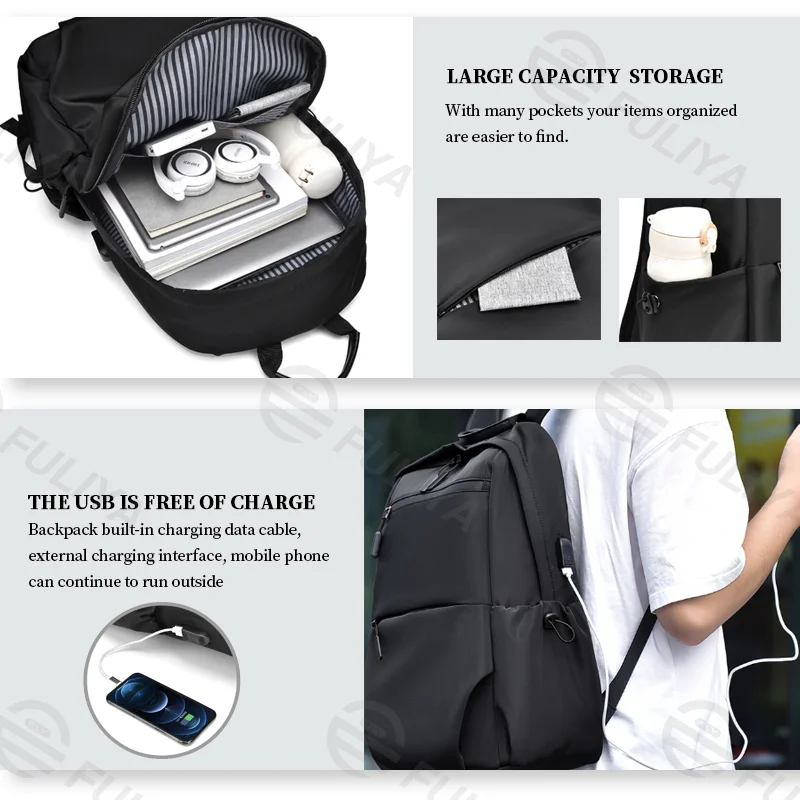 Guangzhou Fuliya Industry Co.,Ltd C-81052 Casual outdoor backpack, water-resistant, large capacity, laptop compartment, external USB port, comfortable handle, adjustable strap, and luggage strap - for travel, commuting, and school.
