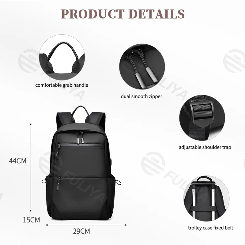 Guangzhou Fuliya Industry Co.,Ltd C-81052 Casual outdoor backpack, water-resistant, large capacity, laptop compartment, external USB port, comfortable handle, adjustable strap, and luggage strap - for travel, commuting, and school.