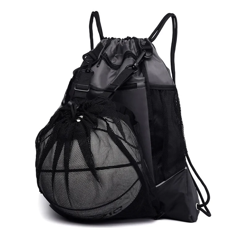 Guangzhou Fuliya Industry Co.,Ltd C-81053 Multi-functional sports drawstring backpack, large capacity, front mesh pocket for ball or shoes, main pocket for essentials, detachable strap, and thick drawstring - for training, outdoor, and travel.