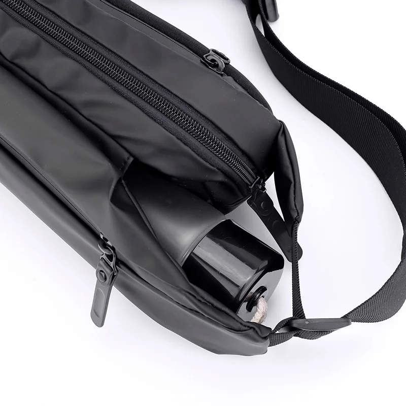 Guangzhou Fuliya Industry Co.,Ltd C-81055 Outdoor casual waist bag, water-resistant, large capacity, side pocket, separate bottle pocket, adjustable strap, and retaining strap.Wear as waist, chest, or crossbody bag for outdoor, sports, and daily use.
