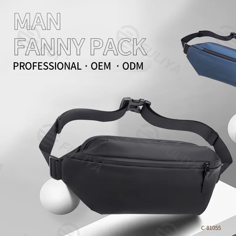 Guangzhou Fuliya Industry Co.,Ltd C-81055 Outdoor casual waist bag, water-resistant, large capacity, side pocket, separate bottle pocket, adjustable strap, and retaining strap.Wear as waist, chest, or crossbody bag for outdoor, sports, and daily use.