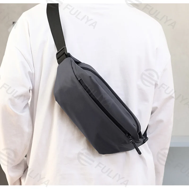 Guangzhou Fuliya Industry Co.,Ltd C-81055 Outdoor casual waist bag, water-resistant, large capacity, side pocket, separate bottle pocket, adjustable strap, and retaining strap.Wear as waist, chest, or crossbody bag for outdoor, sports, and daily use.