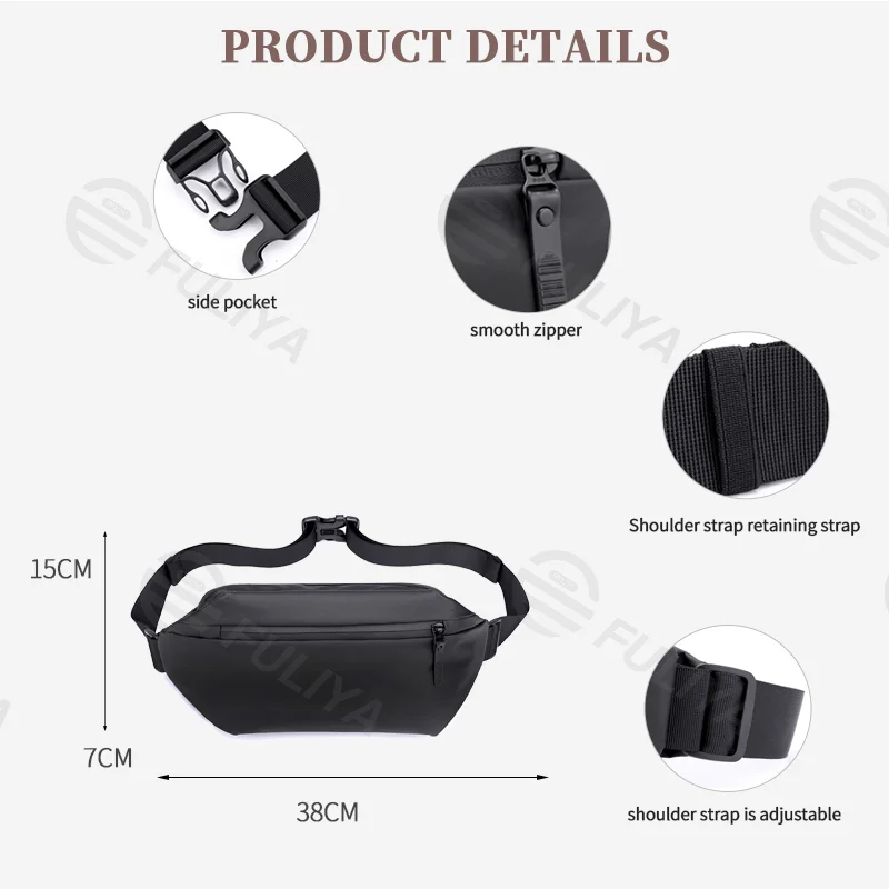 Guangzhou Fuliya Industry Co.,Ltd C-81055 Outdoor casual waist bag, water-resistant, large capacity, side pocket, separate bottle pocket, adjustable strap, and retaining strap.Wear as waist, chest, or crossbody bag for outdoor, sports, and daily use.