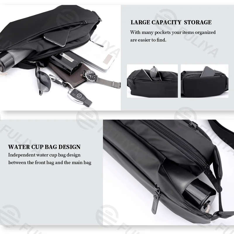 Guangzhou Fuliya Industry Co.,Ltd C-81055 Outdoor casual waist bag, water-resistant, large capacity, side pocket, separate bottle pocket, adjustable strap, and retaining strap.Wear as waist, chest, or crossbody bag for outdoor, sports, and daily use.