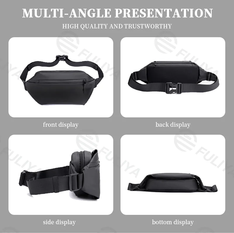 Guangzhou Fuliya Industry Co.,Ltd C-81055 Outdoor casual waist bag, water-resistant, large capacity, side pocket, separate bottle pocket, adjustable strap, and retaining strap.Wear as waist, chest, or crossbody bag for outdoor, sports, and daily use.