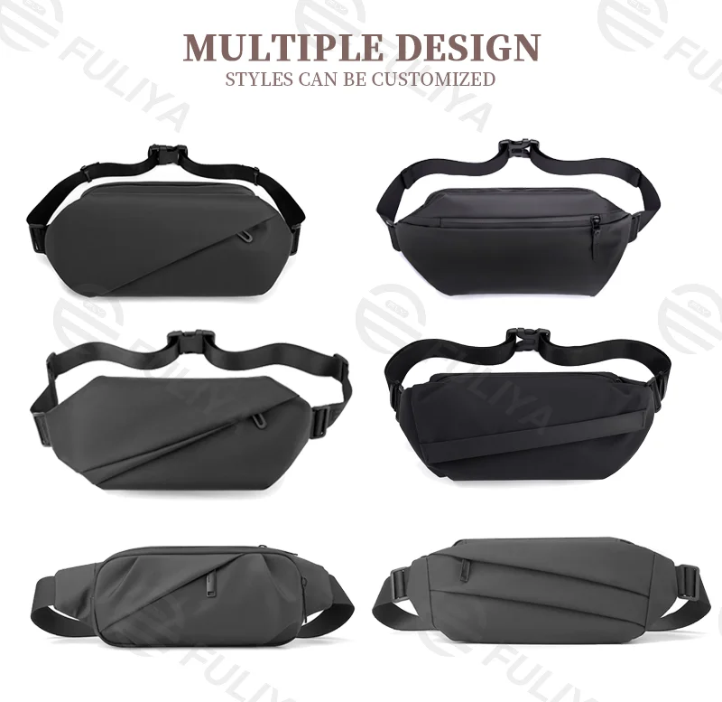 Guangzhou Fuliya Industry Co.,Ltd C-81055 Outdoor casual waist bag, water-resistant, large capacity, side pocket, separate bottle pocket, adjustable strap, and retaining strap.Wear as waist, chest, or crossbody bag for outdoor, sports, and daily use.