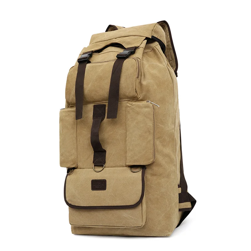 Guangzhou Fuliya Industry Co.,Ltd C-81057 110L extra-large canvas backpack, water-resistant, drawstring main pocket, multiple front pockets, thickened shoulder straps, and adjustable buckles - for long travel, outdoor, and climbing.