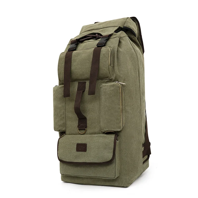 Guangzhou Fuliya Industry Co.,Ltd C-81057 110L extra-large canvas backpack, water-resistant, drawstring main pocket, multiple front pockets, thickened shoulder straps, and adjustable buckles - for long travel, outdoor, and climbing.