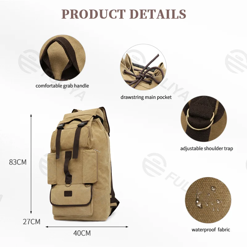 Guangzhou Fuliya Industry Co.,Ltd C-81057 110L extra-large canvas backpack, water-resistant, drawstring main pocket, multiple front pockets, thickened shoulder straps, and adjustable buckles - for long travel, outdoor, and climbing.