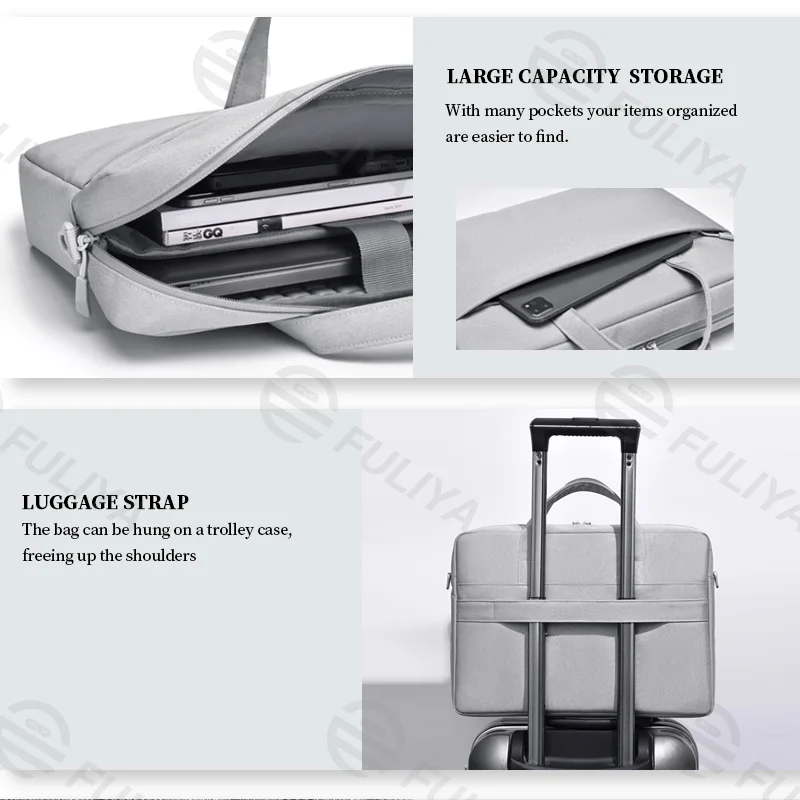 Guangzhou Fuliya Industry Co.,Ltd C-81058 Laptop bag, water-resistant, air cushion shockproof, large capacity, comfortable handle, dual zipper, detachable strap, and luggage strap - hand or shoulder carry for commuting, business, and travel.
