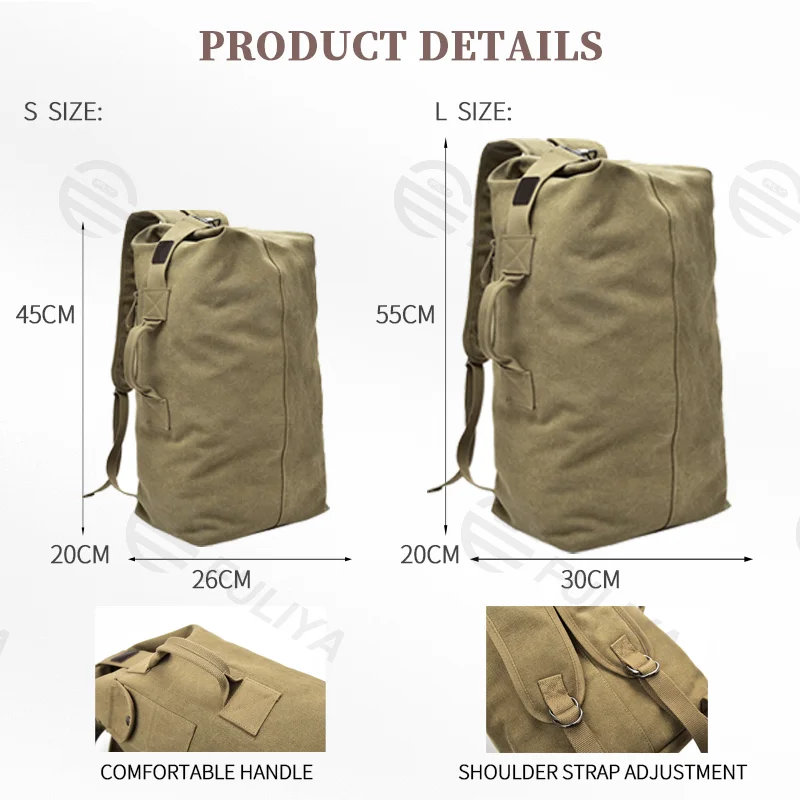 Guangzhou Fuliya Industry Co.,Ltd C-81065 Korean-style vintage canvas backpack, large capacity, comfortable handle, adjustable straps, and luggage strap - S/L sizes for travel, hiking, and daily use.