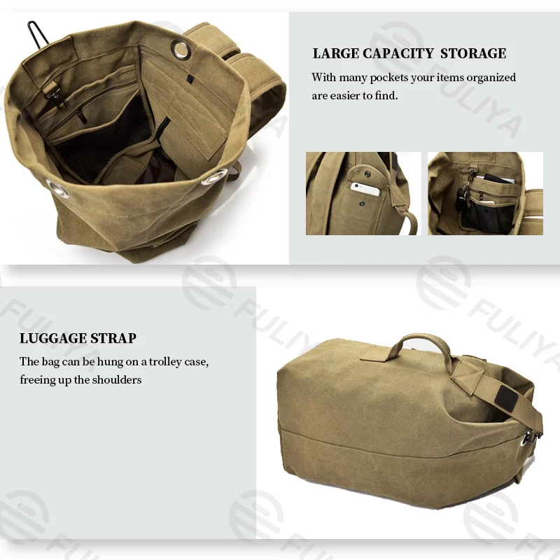 Guangzhou Fuliya Industry Co.,Ltd C-81065 Korean-style vintage canvas backpack, large capacity, comfortable handle, adjustable straps, and luggage strap - S/L sizes for travel, hiking, and daily use.