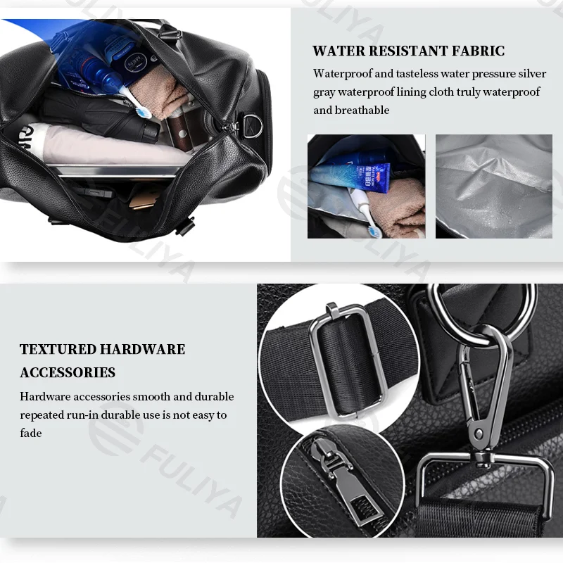 Guangzhou Fuliya Industry Co.,Ltd C-81067 Leather travel gym bag, water-resistant, large capacity, shoe compartment, comfortable handle, detachable strap, and bottom rivets - hand or shoulder carry for gym, travel, and short business trips.