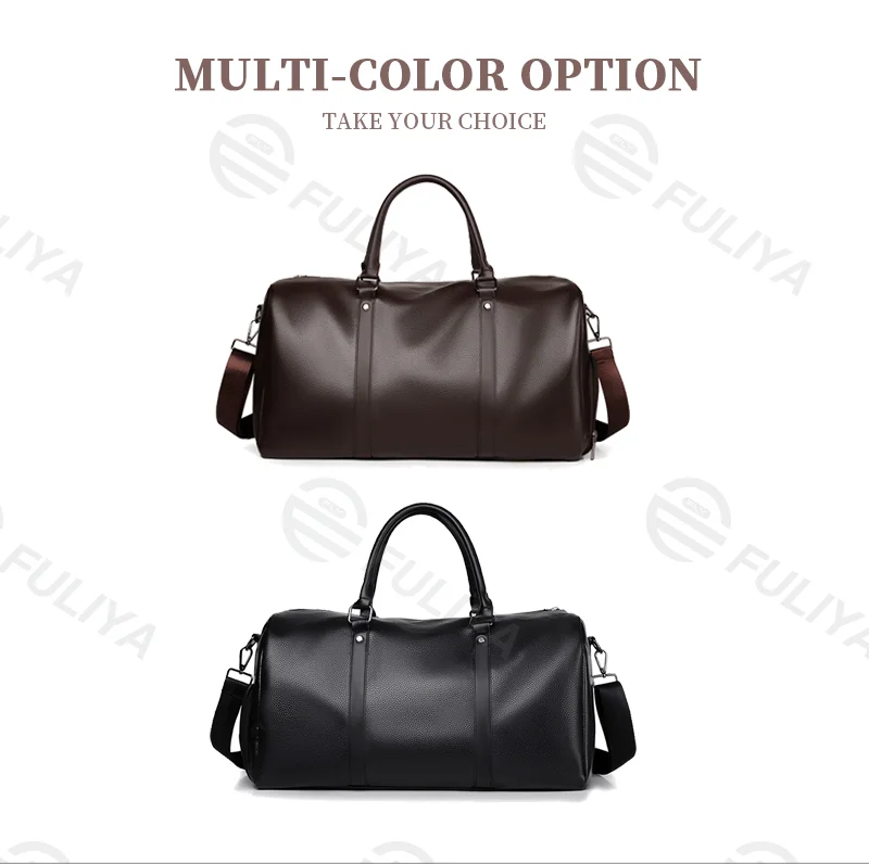 Guangzhou Fuliya Industry Co.,Ltd C-81067 Leather travel gym bag, water-resistant, large capacity, shoe compartment, comfortable handle, detachable strap, and bottom rivets - hand or shoulder carry for gym, travel, and short business trips.