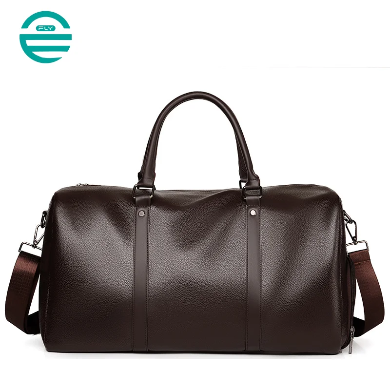 Guangzhou Fuliya Industry Co.,Ltd C-81067 Leather travel gym bag, water-resistant, large capacity, shoe compartment, comfortable handle, detachable strap, and bottom rivets - hand or shoulder carry for gym, travel, and short business trips.