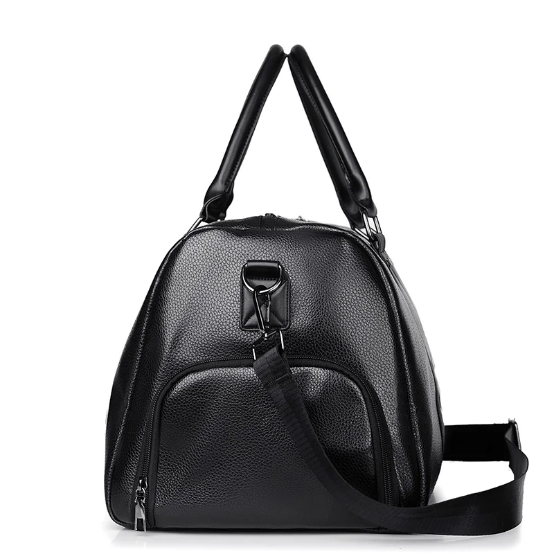 Guangzhou Fuliya Industry Co.,Ltd C-81067 Leather travel gym bag, water-resistant, large capacity, shoe compartment, comfortable handle, detachable strap, and bottom rivets - hand or shoulder carry for gym, travel, and short business trips.