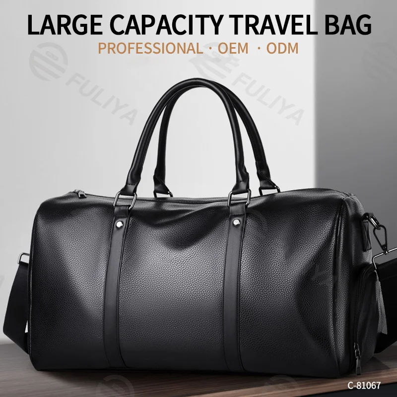 Guangzhou Fuliya Industry Co.,Ltd C-81067 Leather travel gym bag, water-resistant, large capacity, shoe compartment, comfortable handle, detachable strap, and bottom rivets - hand or shoulder carry for gym, travel, and short business trips.