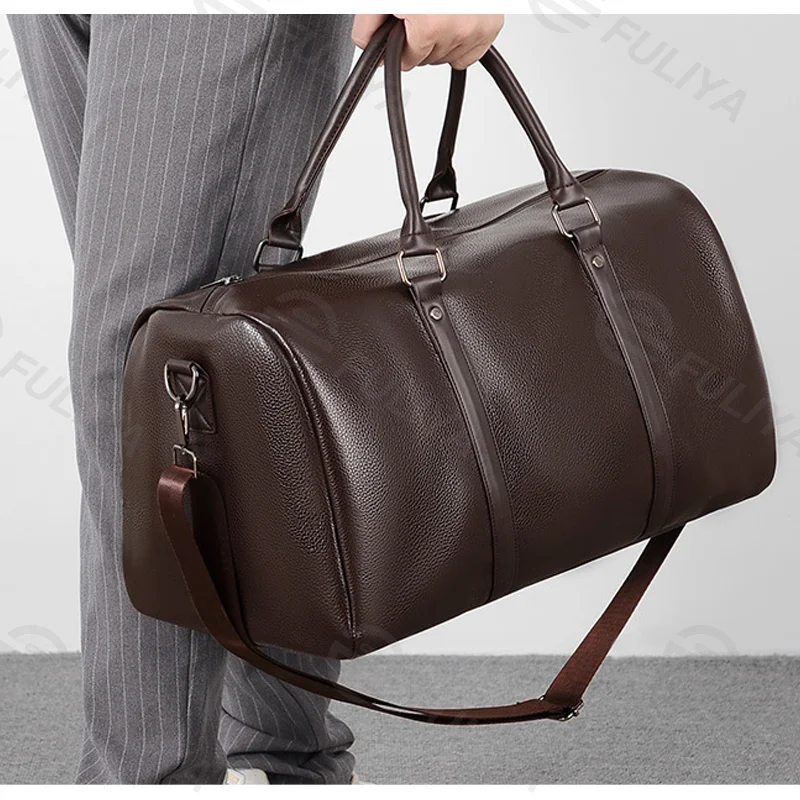 Guangzhou Fuliya Industry Co.,Ltd C-81067 Leather travel gym bag, water-resistant, large capacity, shoe compartment, comfortable handle, detachable strap, and bottom rivets - hand or shoulder carry for gym, travel, and short business trips.